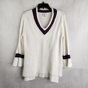 Womens Cotton Cable Cricket Sweater Jumper White Blue Red Size S Chunky Cabi